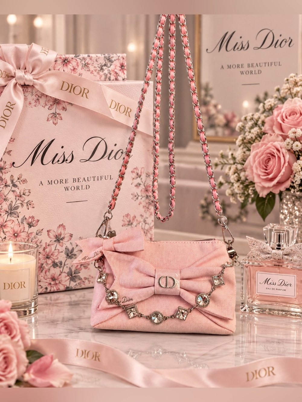 Miss Dior Pink Mini Bow Chain Shoulder Bag with mini keychain